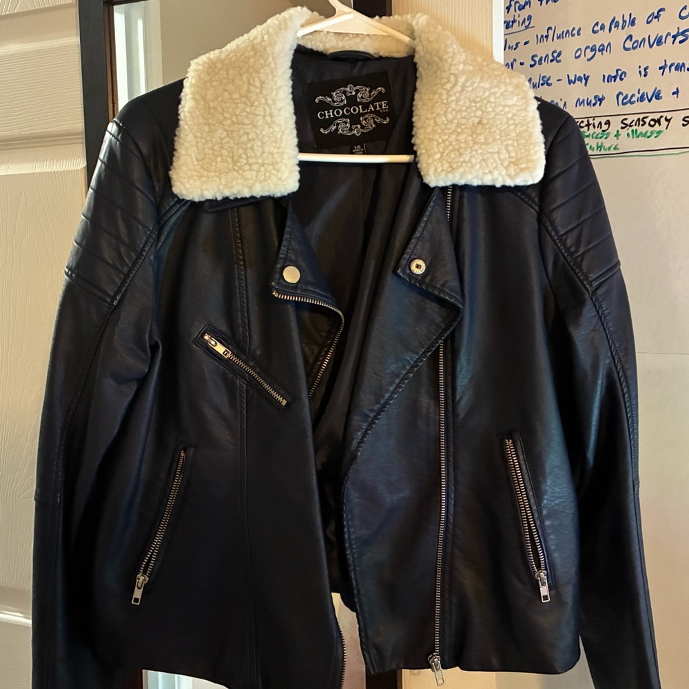 Navy blue fake Leather Jacket with White Collar